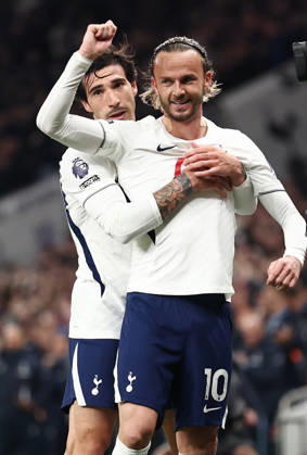 London, England, 19th October 2026. James Maddison of Tottenham (r) celebrates scoring the first goal with Sandro Tonali of Tottenham (l) during the Tottenham Hotspur vs Coventry City Premier League match at the Tottenham Hotspur Stadium, London. Picture credit should read: David Klein Sportimage EDITORIAL USE ONLY. No use with unauthorised audio, video, data, fixture lists, club league logos or live services. Online in-match use limited to 120 images, no video emulation. No use in betting, games or single club league player publications. SPI_023_DK_Spurs_Cov SPI-5085-0025