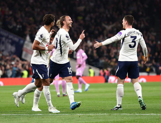 London, England, 19th October 2026. James Maddison of Tottenham (c) celebrates scoring the first goal during the Tottenham Hotspur vs Coventry City Premier League match at the Tottenham Hotspur Stadium, London. Picture credit should read: David Klein Sportimage EDITORIAL USE ONLY. No use with unauthorised audio, video, data, fixture lists, club league logos or live services. Online in-match use limited to 120 images, no video emulation. No use in betting, games or single club league player publications. SPI_026_DK_Spurs_Cov SPI-5085-0028
