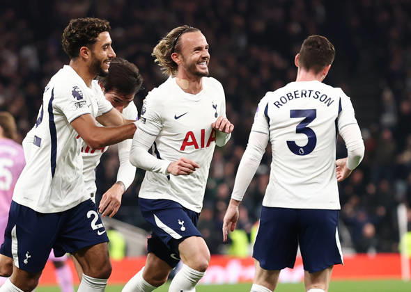 London, England, 19th October 2026. James Maddison of Tottenham (c) celebrates scoring the first goal during the Tottenham Hotspur vs Coventry City Premier League match at the Tottenham Hotspur Stadium, London. Picture credit should read: David Klein Sportimage EDITORIAL USE ONLY. No use with unauthorised audio, video, data, fixture lists, club league logos or live services. Online in-match use limited to 120 images, no video emulation. No use in betting, games or single club league player publications. SPI_027_DK_Spurs_Cov SPI-5085-0029