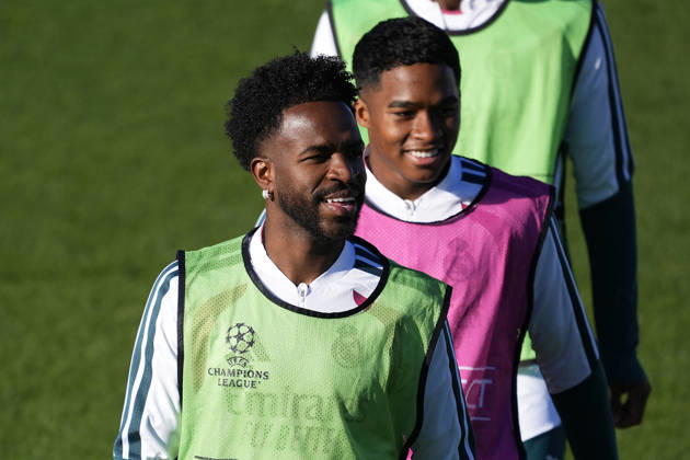 Real Madrid CF s Vinicius Junior (l) and Endrick Felipe Moreira during training session prior to the Champions League round 3 match against RB Leipzig. October 20 2026. (2026102040)