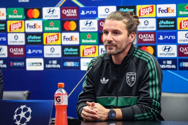 Lens head coach Yannick Cahuzac pictured during a press conference, PK, Pressekonferenz of French soccer team Racing Club de Lens, Tuesday 20 October 2026 in Brugge. The team is preparing for the third game in the UEFA Champions League league phase against Club Brugge tomorrow. BRUNOxFAHY  x190403528x
