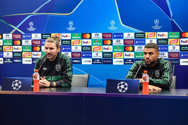 Lens head coach Yannick Cahuzac and Lens Matthieu Udol are pictured during a press conference, PK, Pressekonferenz of French soccer team Racing Club de Lens, Tuesday 20 October 2026 in Brugge. The team is preparing for the third game in the UEFA Champions League league phase against Club Brugge tomorrow. BRUNOxFAHY  x190403749x