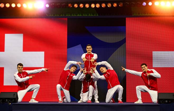 Netherlands Artistic Gymnastics World Championships 9269145 20.10.2026 Switzerland s athletes perform before the men s team final of the 2026 World Artistic Gymnastics Championships in Rotterdam, the Netherlands. Alexey Filippov Sputnik Rotterdam Netherlands  Copyright: xAlexeyxFilippovx