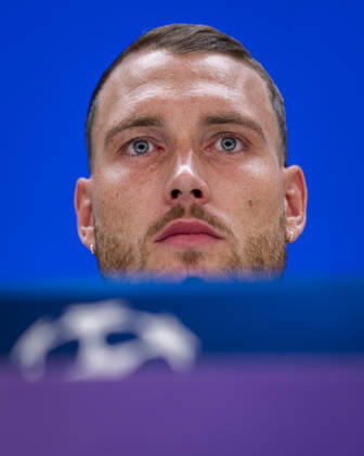 RB Leipzig Training Session And press conference, PK, Pressekonferenz - UEFA Champions League 2026 27 League Phase MD3 MADRID, SPAIN - OCTOBER 20: David Raum of RB Leipzig speaks during the press conference on day ahead of the UEFA Champions League 2026 27 League Phase MD3 at Estadio Bernabeu on October 20, 2026 in Madrid, Spain. Madrid Estadio Bernabeu Madrid Spain Copyright: xAlbertoxGardinx AGardin_20261020_Leipzig_Press_0101