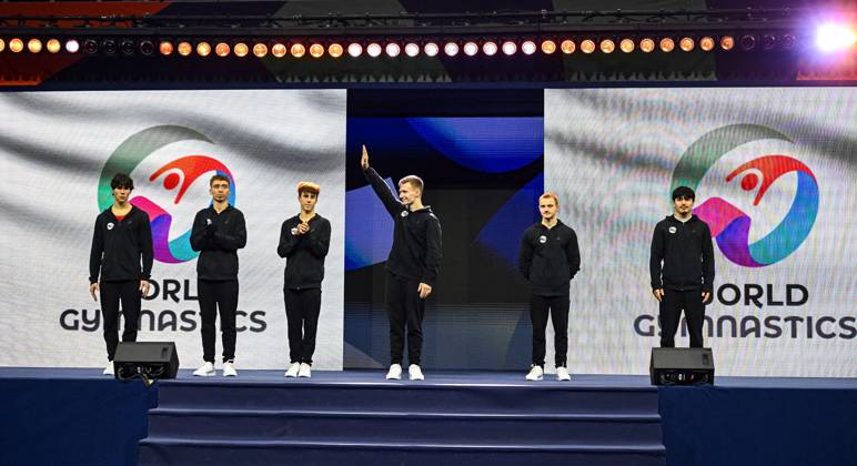 Netherlands Artistic Gymnastics World Championships 9269175 20.10.2026 Athletes of Team World Gymnastics Neutral Athletes 2 are seen before the men s team final of the 2026 World Artistic Gymnastics Championships in Rotterdam, the Netherlands. Alexey Filippov Sputnik Rotterdam Netherlands  Copyright: xAlexeyxFilippovx
