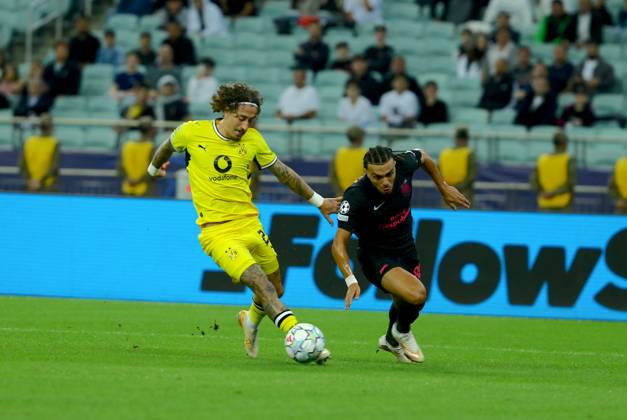 Sabah FC v Borussia Dortmund - UEFA Champions League BAKU, AZERBAIJAN - OCTOBER 20: Akim Zedadka of Sabah FC in action against Fabio Silva of Borussia Dortmund during UEFA Champions League week 3 football match between Sabah FC and Borussia Dortmund at Baku Olympic Stadium in Baku, Azerbaijan on October 20, 2026. Resul Rehimov Anadolu Baku Azerbaijan. Editorial use only. Please get in touch for any other usage.  Copyright: x2026xAnadoluxResulxRehimovx