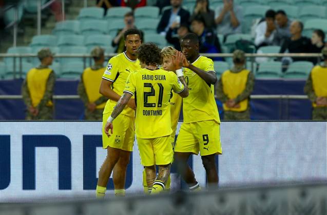 Sabah FC v Borussia Dortmund - UEFA Champions League BAKU, AZERBAIJAN - OCTOBER 20: Players of Borussia Dortmund celebrate after a goal during UEFA Champions League week 3 football match between Sabah FC and Borussia Dortmund at Baku Olympic Stadium in Baku, Azerbaijan on October 20, 2026. Resul Rehimov Anadolu Baku Azerbaijan. Editorial use only. Please get in touch for any other usage.  Copyright: x2026xAnadoluxResulxRehimovx