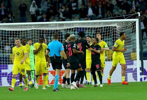 Sabah FC v Borussia Dortmund - UEFA Champions League BAKU, AZERBAIJAN - OCTOBER 20: Players of Sabah FC celebrate after a goal during UEFA Champions League week 3 football match between Sabah FC and Borussia Dortmund at Baku Olympic Stadium in Baku, Azerbaijan on October 20, 2026. Resul Rehimov Anadolu Baku Azerbaijan. Editorial use only. Please get in touch for any other usage.  Copyright: x2026xAnadoluxResulxRehimovx