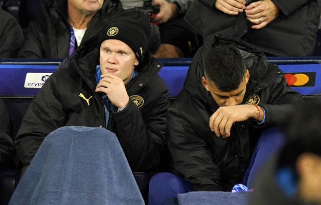 Manchester, England, 20th October 2026. Erling Haaland of Manchester City starts the game on the bench during the Manchester City vs AEK Athens UEFA Champions League match at the Etihad Stadium, Manchester. Picture credit should read: Andrew Yates Sportimage EDITORIAL USE ONLY. No use with unauthorised audio, video, data, fixture lists, club league logos or live services. Online in-match use limited to 120 images, no video emulation. No use in betting, games or single club league player publications. SPI_020_AY_ManCity__Athens SPI-5090-0020