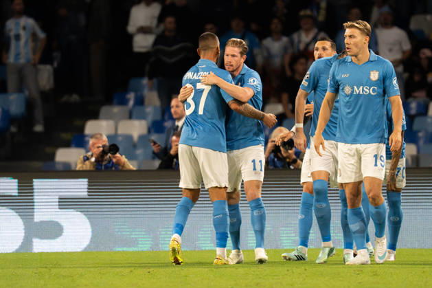 Matteo Politano celebrating with Kevin De Bruyne after scored a goal during UEFA Champions League 2026 2027 league phase game between teams of SSC Napoli and Bodo Glimt (Raffaele Izzo Ball Raw Images) Naples Diego Armando Maradona Stadium Italy Copyright: xRaffaelexIzzox RI_JPG Napoli vs Bodo-0408749