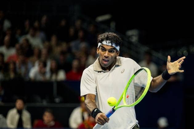Nishesh Basavareddy of the United States pictured in action during the European Open ATP, Tennis Herren tennis tournament in Brussels, on Tuesday 20 October. This year s edition of the tournament is taking place from 17 to 25 October JASPERxJACOBS x190421404x