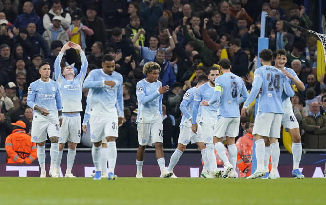 Manchester, England, 20th October 2026. Elliot Anderson of Manchester City (2l) celebrates scoring the first goal during the Manchester City vs AEK Athens UEFA Champions League match at the Etihad Stadium, Manchester. Picture credit should read: Andrew Yates Sportimage EDITORIAL USE ONLY. No use with unauthorised audio, video, data, fixture lists, club league logos or live services. Online in-match use limited to 120 images, no video emulation. No use in betting, games or single club league player publications. SPI_027_AY_ManCity__Athens SPI-5090-0027