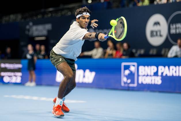 Nishesh Basavareddy of the United States pictured in action during the European Open ATP, Tennis Herren tennis tournament in Brussels, on Tuesday 20 October. This year s edition of the tournament is taking place from 17 to 25 October JASPERxJACOBS x190421832x