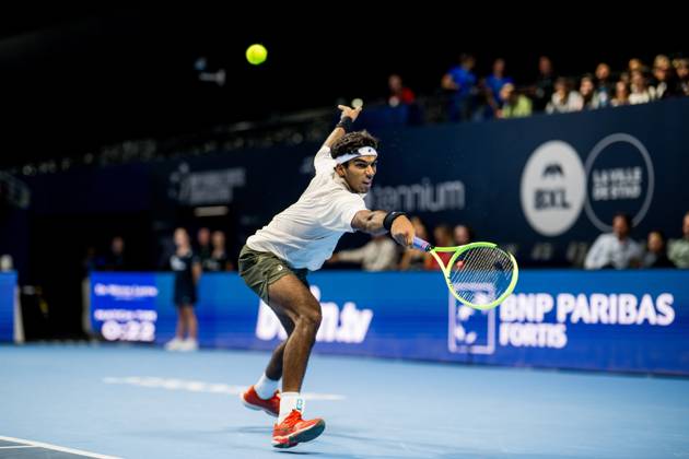 Nishesh Basavareddy of the United States pictured in action during the European Open ATP, Tennis Herren tennis tournament in Brussels, on Tuesday 20 October. This year s edition of the tournament is taking place from 17 to 25 October JASPERxJACOBS x190421857x