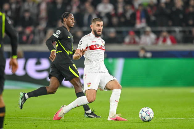 Jonathan David (Atletico Madrid) and Jeff Chabot (VfB Stuttgart) battle for the ball during the UEFA Champions League 2026 2027 match between Stuttgart and Atlético de Madrid at Arena Stuttgart on October 20, 2026 in Stuttgart, Germany. (Photo by Harry Langer DeFodi Images) -