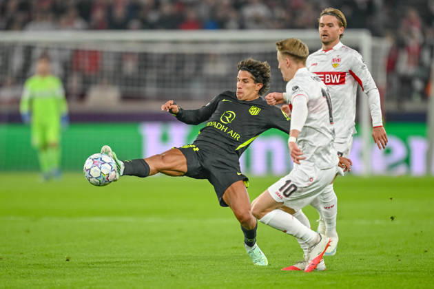 Giuliano Simeone (Atletico Madrid) and Chris Fuehrich (VfB Stuttgart) battle for the ball during the UEFA Champions League 2026 2027 match between Stuttgart and Atlético de Madrid at Arena Stuttgart on October 20, 2026 in Stuttgart, Germany. (Photo by Harry Langer DeFodi Images) -
