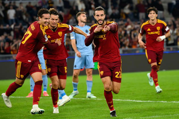 Mario Hermoso of AS Roma celebrates with Daniele Ghilardi and Marten De Roon after scoring the goal of 1-0 during the UEFA Champions League 2026 2027 football match between AS Roma and Slovan Bratislava at Stadio Olimpico in Rome (Italy), October 20, 2026. AndreaxStaccioli