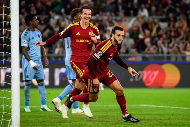 Mario Hermoso of AS Roma celebrates after scoring the goal of 1-0 during the UEFA Champions League 2026 2027 football match between AS Roma and Slovan Bratislava at Stadio Olimpico in Rome (Italy), October 20, 2026. AndreaxStaccioli