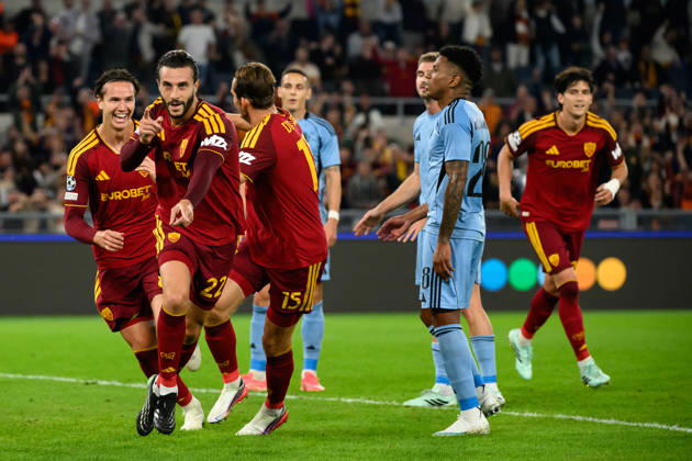 Mario Hermoso of AS Roma celebrates with Daniele Ghilardi and Marten De Roon after scoring the goal of 1-0 during the UEFA Champions League 2026 2027 football match between AS Roma and Slovan Bratislava at Stadio Olimpico in Rome (Italy), October 20, 2026. AndreaxStaccioli