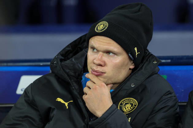 RECORD DATE NOT STATED 20th October 2026; Etihad Stadium, Manchester, England; UEFA Champions League Football, Manchester City versus AEK Athens; Erling Haaland of Manchester City reacts whilst on the bench AidanxHunter