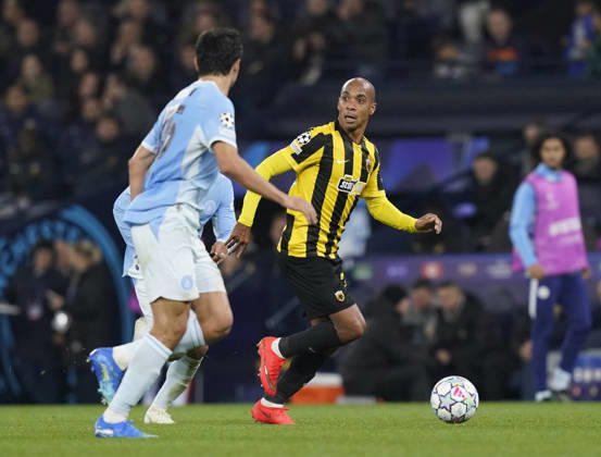 Manchester, England, 20th October 2026. Joao Mario of AEK Athens in action during the Manchester City vs AEK Athens UEFA Champions League match at the Etihad Stadium, Manchester. Picture credit should read: Andrew Yates Sportimage EDITORIAL USE ONLY. No use with unauthorised audio, video, data, fixture lists, club league logos or live services. Online in-match use limited to 120 images, no video emulation. No use in betting, games or single club league player publications. SPI_032_AY_ManCity__Athens SPI-5090-0032