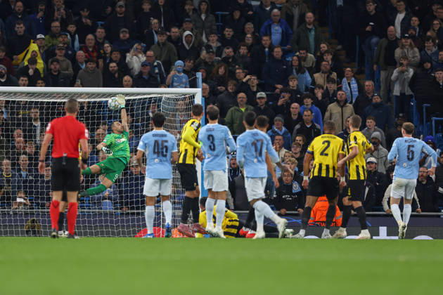 RECORD DATE NOT STATED 20th October 2026; Etihad Stadium, Manchester, England; UEFA Champions League Football, Manchester City versus AEK Athens; Alberto Brignoli of AEK Athens saves a free kick taken by Enzo Fernandez of Manchester City AidanxHunter
