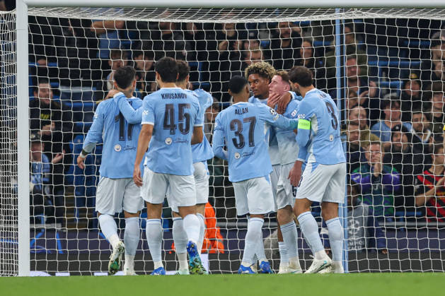 RECORD DATE NOT STATED 20th October 2026; Etihad Stadium, Manchester, England; UEFA Champions League Football, Manchester City versus AEK Athens; Elliot Anderson of Manchester City celebrates with teammates after scoring in the 12th minute to make the score 1-0 AidanxHunter