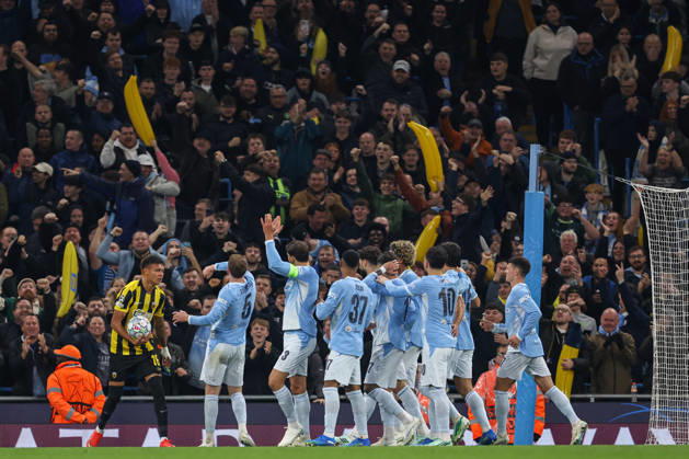 RECORD DATE NOT STATED 20th October 2026; Etihad Stadium, Manchester, England; UEFA Champions League Football, Manchester City versus AEK Athens; Elliot Anderson of Manchester City celebrates with teammates after scoring in the 12th minute to make the score 1-0 AidanxHunter