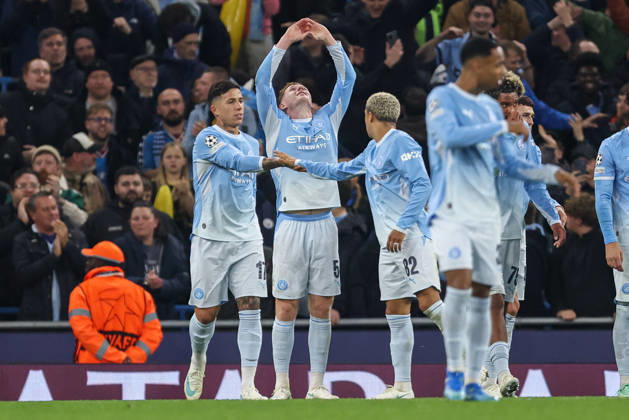 RECORD DATE NOT STATED 20th October 2026; Etihad Stadium, Manchester, England; UEFA Champions League Football, Manchester City versus AEK Athens; Elliot Anderson of Manchester City celebrates with teammates after scoring in the 12th minute to make the score 1-0 AidanxHunter