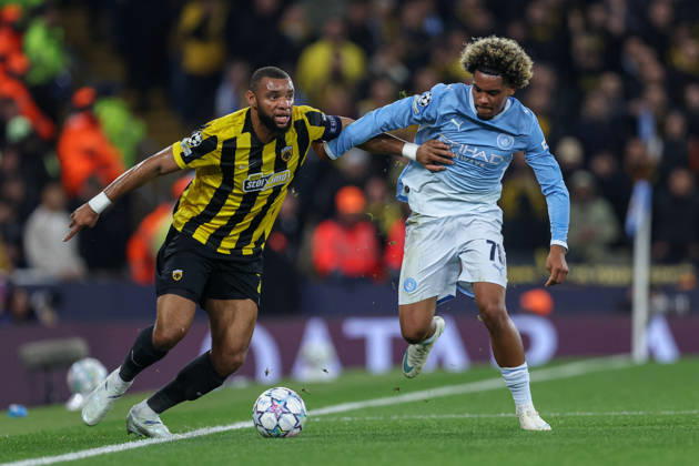 RECORD DATE NOT STATED 20th October 2026; Etihad Stadium, Manchester, England; UEFA Champions League Football, Manchester City versus AEK Athens; Floyd Samba of Manchester City tackles Harold Moukoudi of AEK Athens AidanxHunter