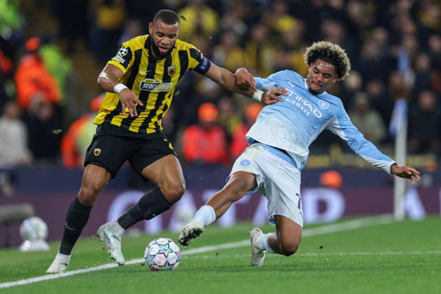 RECORD DATE NOT STATED 20th October 2026; Etihad Stadium, Manchester, England; UEFA Champions League Football, Manchester City versus AEK Athens; Floyd Samba of Manchester City tackles Harold Moukoudi of AEK Athens AidanxHunter