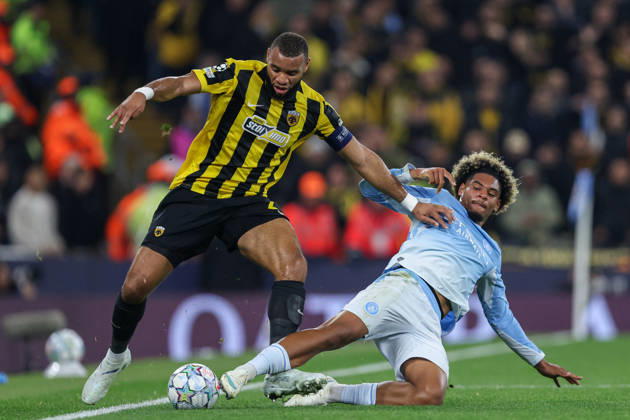 RECORD DATE NOT STATED 20th October 2026; Etihad Stadium, Manchester, England; UEFA Champions League Football, Manchester City versus AEK Athens; Floyd Samba of Manchester City tackles Harold Moukoudi of AEK Athens AidanxHunter