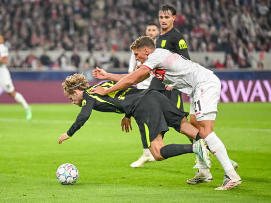 Morten Hjulmand (Atletico Madrid) and Grischa Proemel (VfB Stuttgart) battle for the ball during the UEFA Champions League 2026 2027 match between Stuttgart and Atlético de Madrid at Arena Stuttgart on October 20, 2026 in Stuttgart, Germany. (Photo by Harry Langer DeFodi Images) -