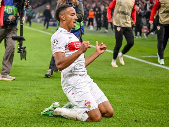 Jamie Leweling (VfB Stuttgart) celebrates after scoring his team s first goal during the UEFA Champions League 2026 2027 match between Stuttgart and Atlético de Madrid at Arena Stuttgart on October 20, 2026 in Stuttgart, Germany. (Photo by Harry Langer DeFodi Images) -