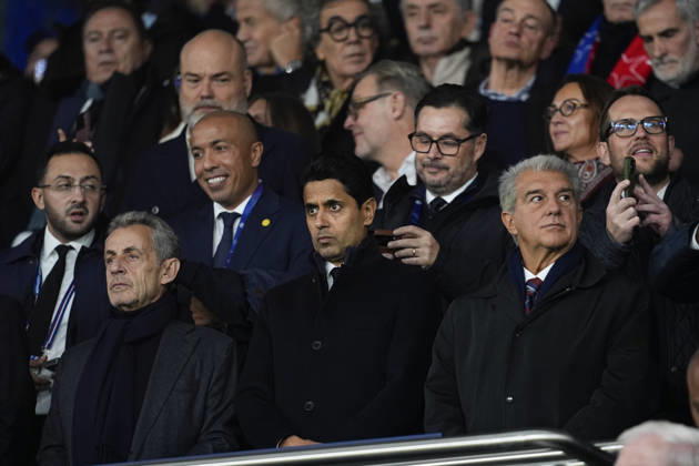 October 20, 2026, Paris, Paris, France: Nicolas Sarkozy, Nasser Al-Khelaifi, President of PSG, and Joan Laporta, President of FC Barcelona, Barca are seen during the UEFA Champions League 2026 27 League Phase MD3 match between Paris Saint-Germain and FC Barcelona at Parc des Princes on Octuber 20, 2026, in Paris, France. Paris France - ZUMAa181 20261020_zaa_a181_055 Copyright: xDennisxAgyemanx