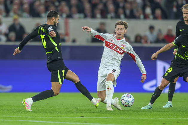 GER, Stuttgart, VfB Stuttgart vs Atletico Madrid, Fussball, UEFA, Spielzeit 2026 2027, Champions League, MHP-Arena, 3. Spieltag im Bild v.l.: David Hancko (Atletico Madrid 17), Angelo Stiller (VfB Stuttgart 6) DFB DFL REGULATIONS PROHIBIT ANY USE OF PHOTOGRAPHS AS IMAGE SEQUENCES AND OR QUASI-VIDEO, 200.2026 Copyright: HMBxMedia HendrikxHamelau