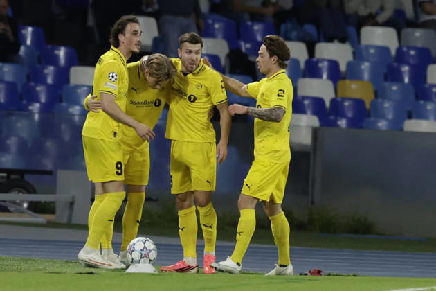 Champions League match SSC Napoli vs Bodo Glimt Bodo Glimt s Norwegian forward Jens Petter Hauge celebrates after scoring a goal of 1-1 during the Uefa champions league match between SSC Napoli vs Bodo Glimt at the Diego Armando Maradona Stadium in Naples on October 20, 2026. _BPH1908 Copyright: xAntonioxBalascox