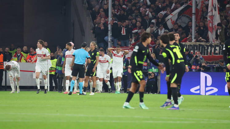 20.10.2026, xrekx, Fussball UEFA Champions League, VfB Stuttgart - Atletico Madrid v.l. Torjubel nach dem Tor zum celebrating the goal celebrate 1:0 durch Jamie Leweling (VfB Stuttgart) Stuttgart