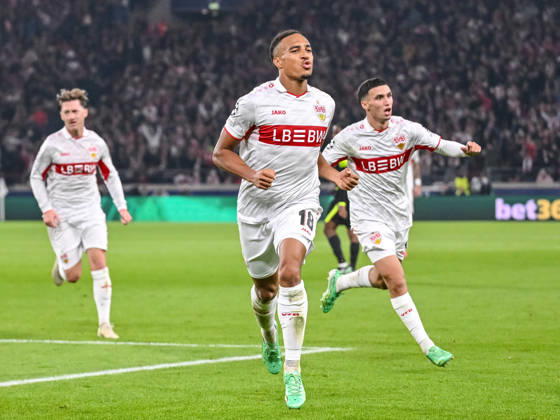 Jamie Leweling (VfB Stuttgart) celebrates after scoring his team s first goal during the UEFA Champions League 2026 2027 match between Stuttgart and Atlético de Madrid at Arena Stuttgart on October 20, 2026 in Stuttgart, Germany. (Photo by Harry Langer DeFodi Images) -