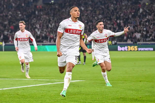 Jamie Leweling (VfB Stuttgart) celebrates after scoring his team s first goal during the UEFA Champions League 2026 2027 match between Stuttgart and Atlético de Madrid at Arena Stuttgart on October 20, 2026 in Stuttgart, Germany. (Photo by Harry Langer DeFodi Images) -