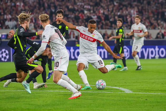 20.10.26 VfB Stuttgart - Atletico Madrid Deutschland, Stuttgart, 20.10.2026, Fussball, UEFA Champions League, Saison 2026 2027, VfB Stuttgart - Atletico Madrid: Jamie Leweling (VfB Stuttgart); Tor 1:0 Leweling.