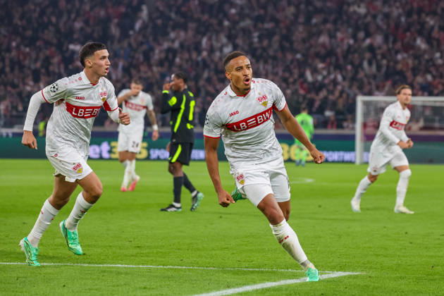20.10.26 VfB Stuttgart - Atletico Madrid Deutschland, Stuttgart, 20.10.2026, Fussball, UEFA Champions League, Saison 2026 2027, VfB Stuttgart - Atletico Madrid: v.l. Bilal El Khannouss, Jamie Leweling (beide VfB Stuttgart); Jubel Tor 1:0 Leweling.