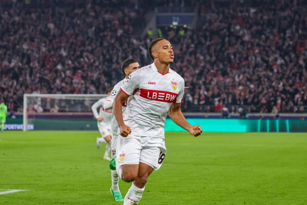 20.10.26 VfB Stuttgart - Atletico Madrid Deutschland, Stuttgart, 20.10.2026, Fussball, UEFA Champions League, Saison 2026 2027, VfB Stuttgart - Atletico Madrid: Jamie Leweling (VfB Stuttgart); Jubel Tor 1:0 Leweling.