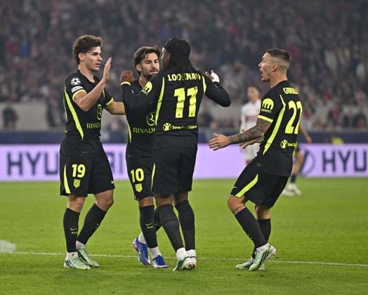 20.10.2026, Fussball UEFA Champions-League League 2026 2027, 3.Spieltag, VfB Stuttgart - Atletico Madrid, in der MHP-Arena Stuttgart, Torjubel nach dem 1:1 von Julian Alvarez (Atletico Madrid)