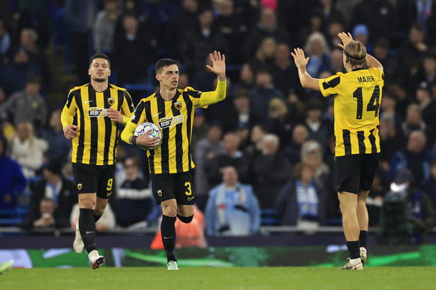 Manchester City v AEK Athens, Champions League Stavros Pilios (3) of AEK Athens celebrates scoring to make it 2-1 during the Champions League match between Manchester City and AEK Athens at the Etihad Stadium, Manchester, UK on 20 October 2026. Manchester Etihad Stadium Manchester UK Editorial use only , Copyright: xConorxMolloyx PSI-25037-0065