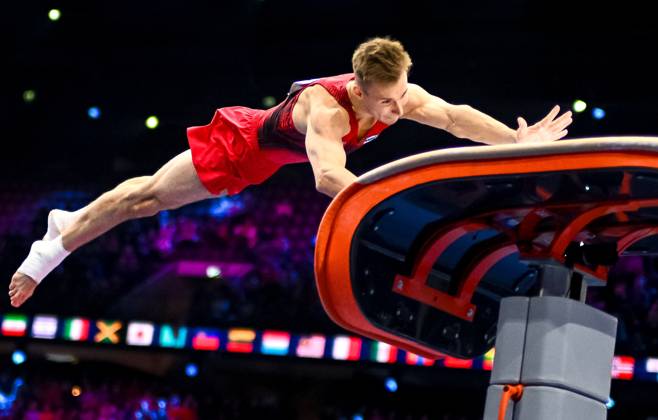 Netherlands Artistic Gymnastics World Championships 9269257 20.10.2026 Daniel Marinov of Team World Gymnastics Neutral Athletes 2 competes on the vault during the men s team final of the 2026 World Artistic Gymnastics Championships in Rotterdam, the Netherlands. Alexey Filippov Sputnik Rotterdam Netherlands  Copyright: xAlexeyxFilippovx