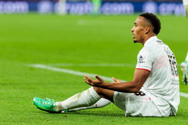 STUTTGART, GERMANY - OCTOBER 20: Jamie Leweling (VfB Stuttgart, 18) sitting on the pitch complaining about a call not given during the UEFA Champions League match between VfB Stuttgart vs. Atletico de Madrid at Arena Stuttgart on matchday 3 of the UEFA Champions League on October 20, 2026 in Stuttgart, Germany. Baden-Wuerttemberg Germany Copyright: xSteffiexWunderlx
