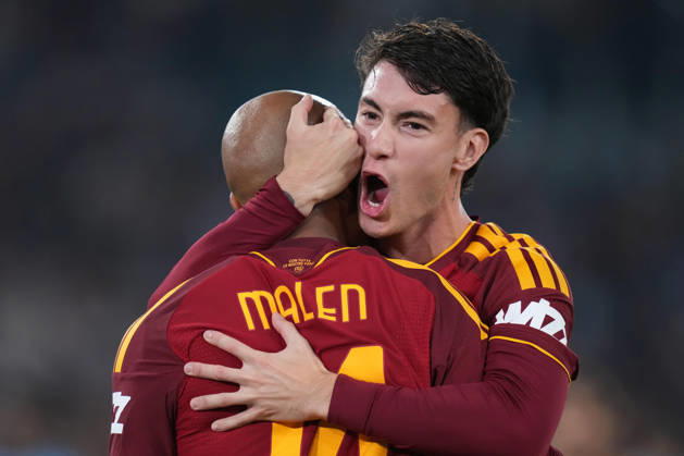 Roma’s Donyell Malen celebrates after scoring during the UEFA Champions League Phase - Matchday 3 soccer match between AS Roma-Slovan Bratislava at the Rome s Olympic stadium, Italy - Tuesday October 20, 2026 - Soccer ( Photo by Alfredo Falcone LaPresse )  Copyright: xAlfredoxFalcone LaPressex