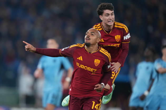 Roma’s Donyell Malen celebrates after scoring during the UEFA Champions League Phase - Matchday 3 soccer match between AS Roma-Slovan Bratislava at the Rome s Olympic stadium, Italy - Tuesday October 20, 2026 - Soccer ( Photo by Alfredo Falcone LaPresse )  Copyright: xAlfredoxFalcone LaPressex