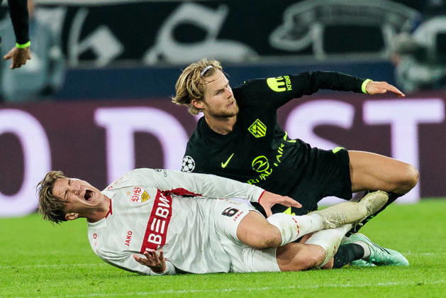 STUTTGART, GERMANY - OCTOBER 20: Angelo Stiller (VfB Stuttgart, 6) falling down on the pitch crying out after being fouled by Morten Hjulmand (Atletico de Madrid, 23) - red card - during the UEFA Champions League match between VfB Stuttgart vs. Atletico de Madrid at Arena Stuttgart on matchday 3 of the UEFA Champions League on October 20, 2026 in Stuttgart, Germany. Baden-Wuerttemberg Germany Copyright: xSteffiexWunderlx